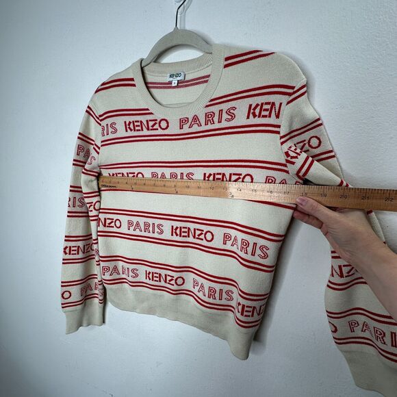 Kenzo Red & Tan Striped Woven Logo Knitted Sweater Long Sleeve Round Neck Small - Picture 12 of 13